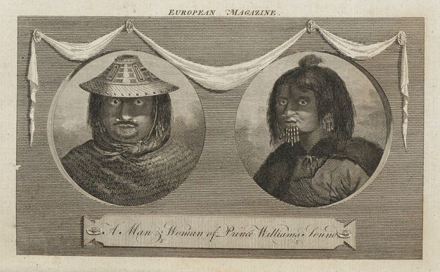 Print. Two roundels containing the head and shoulders of a man and a woman appear to be set into a flat, textured frame in this engraving. Both have dark skin and hair, and they have straight rods through their noses. Text above reads, \“European Magazine\”.