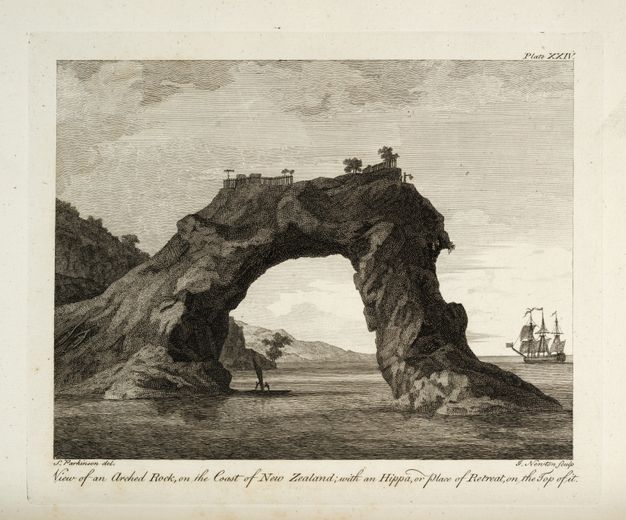 Print. A natural stone arch rises like an upside-down U from placid waters. A couple of structures and trees are along the ridge of the arch. A masted sailing ship is in the distance.