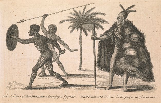 Print. Two nude men, their bodies marked with decorative lines and with bones through their noses and ears, advance to our left. One holds a round shield and a pointed stick, the other a spear. A man wearing a voluminous fur cape and with feathers in his hair stands to our right. Text below reads, \“Two Natives of New Holland advancing to Combat. New Zealand Warrior in his proper dress & armour\”.