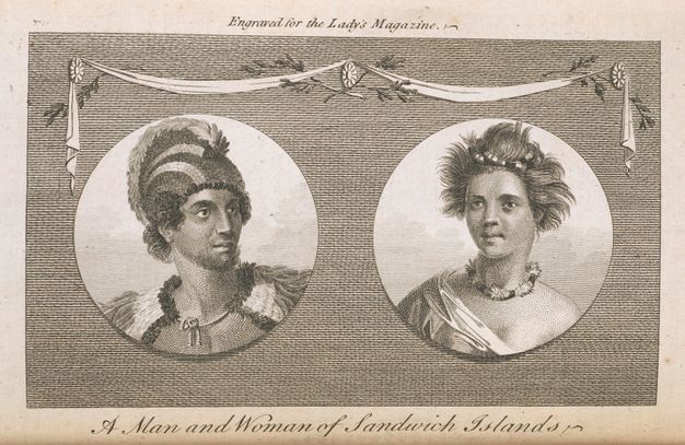Print. Two roundels containing the head and shoulders of a man and a woman appear to be placed on a textured background in this engraving. In the roundel on our left, the man wears a feathered headdress and cape, and he looks off to our right. In the roundel on our right, the woman’s windblown hair is cut short. She wears a necklace and a garment that slips off one shoulder.