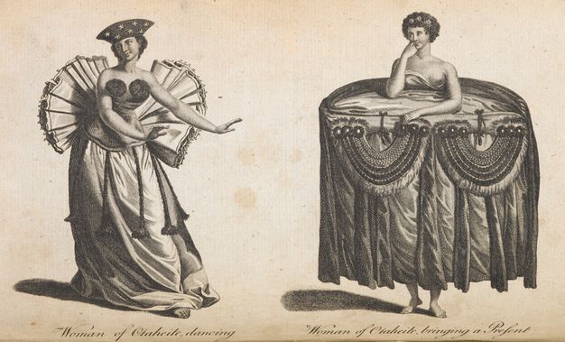 Print. Two women are illustrated against a blank background. The woman to our left wears a sleeveless bodice with a long skirt. Huge ruffles like an oversized bow fan out from her lower back. Her arms sway to our right. The other woman wears a garment resembling a decorated oval table. The skirt begins under the bust, and the woman rests her arms on its wide, flat top. It has bunting-like drapery down the front.