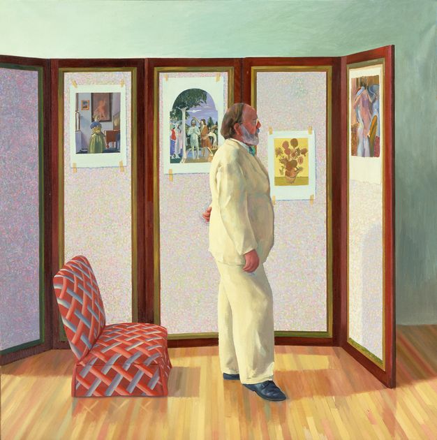 Painting. A man wearing a butter-yellow suit stands with one hand behind his back, looking at a work of art on a screen that might be used as a room divider. The man has a receding hairline and a grey beard. The screen is set up in a room with a wood floor, mint-green walls, and a red chair.